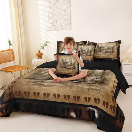 Erosebridal Elk Deer Bedding Set Full Rustic Deer Paw Comforter Set 7 Piece Vintage Farmhouse Cabin Bed in A Bag for Kids Boys Girls Country Lodge Wildlife Quilt with Flat Fitted Sheet