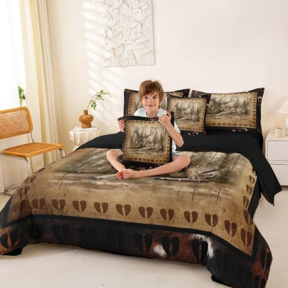 Erosebridal Elk Deer Bedding Set Full Rustic Deer Paw Comforter Set 7 Piece Vintage Farmhouse Cabin Bed in A Bag for Kids Boys Girls Country Lodge Wildlife Quilt with Flat Fitted Sheet
