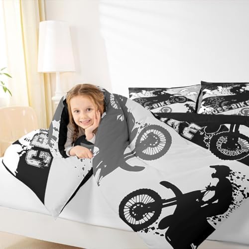 Erosebridal Boys Dirt Bike Comforter Set King Dirtbike Bedding Set Motocross Room Decor for Boys Kids Men Adult,Rider Motorcycle Bed Set Cool Extreme Sports Comforter Sets 3Pcs,White Black