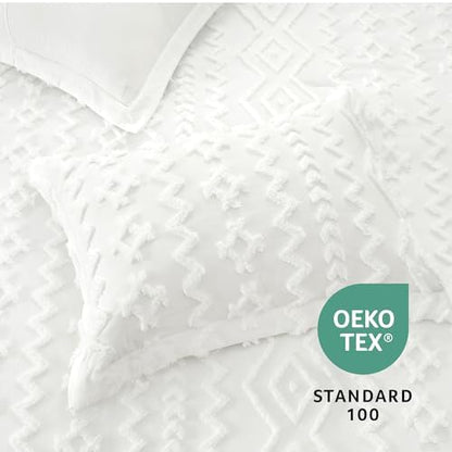 Amélie Home Tufted Boho Comforter Set Twin Size, 2 Pieces Soft Textured Bed Set, Lightweight Breathable Comforter for All Seasons, Farmhouse Shabby Chic Jacquard Bedding, Cozy Gift for Women, White