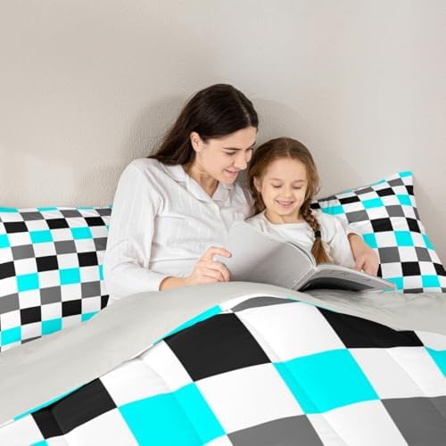 Feelyou Checkered Geometric Bedding Set for Boys Girls Teal Grey Black Plaid Comforter Set King Size Checkerboard Modern Aesthetic Duvet Quilt Reversible Grey Bedroom Decor 3 Pcs with 2 Pillow Cases