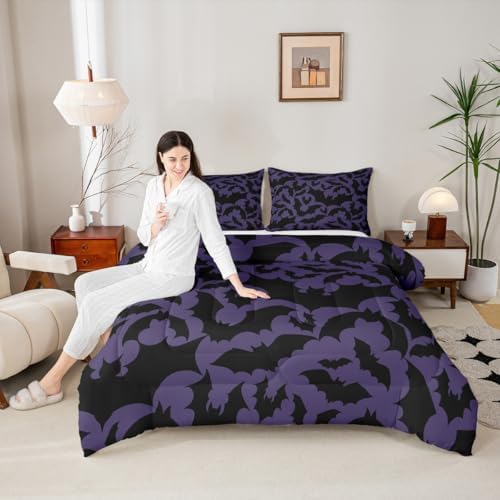 Castle Fairy Halloween Themed Comforter Set Twin Size,Black Bats Animal Print Quilt Set for Kids Boys Bedroom Collection,Dark Purple Color Polyester Bedding with 1 Pillowcase,2Pcs