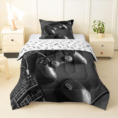 Feelyou Gamer Comforter Set Toddler Size Gaming Bedding Set for Kids Boys Girls Game Room Decor Duvet Quilt Gamepad Bedroom Decor Black Microfiber 2 Pcs with 1 Pillow Cases