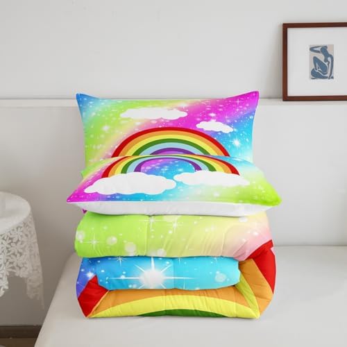 Girls Rainbow Twin Size Comforter Set,Kids Colorful Sky Decor All Season Bedding Set,Teens Tie-dye Comforter,Children Fairy Tale Decor Quilt Set Bedroom Collection 2Pcs