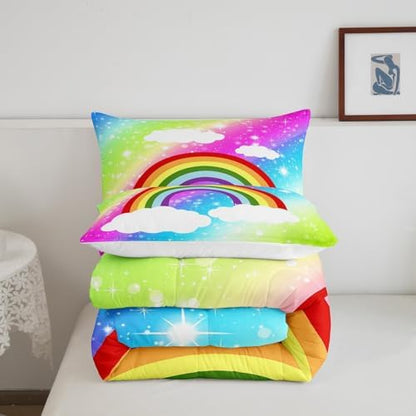 Girls Rainbow Twin Size Comforter Set,Kids Colorful Sky Decor All Season Bedding Set,Teens Tie-dye Comforter,Children Fairy Tale Decor Quilt Set Bedroom Collection 2Pcs