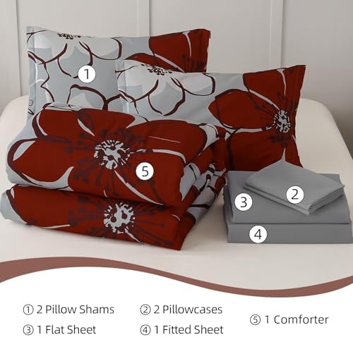 Anibedding 7Pieces Red Floral Comforter Set King Size, Soft Microfiber Red Grey Bed in a Bag Comforter Set with Sheets for All Season