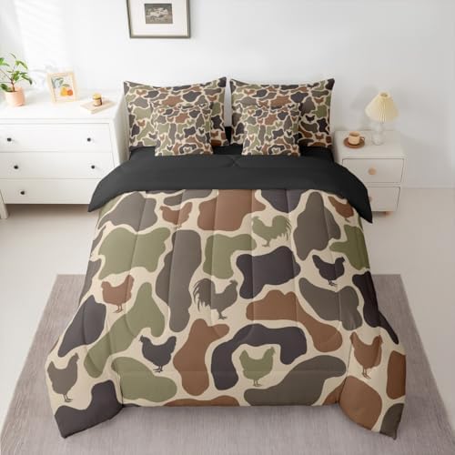 Erosebridal Rustic Camouflage Bedding Set Full Chicken Camo Farmhouse Comforter Set 7 Piece Western Farm Animals Bed in A Bag for Kids Vintage Army Green Camo Rooster Quilt with Flat Fitted Sheet
