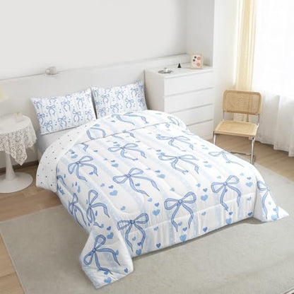 Castle Fairy Blue Bowknot Comforter Set Toddler Size,Cute Heart Print Blue Ribbon Bedding Set,Kids Teens Adult Room Decor,Dreamy Princess Bowknot Down Comforter,2 Pcs 1 Pillowcase
