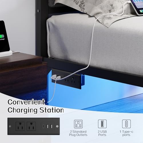 OLEVS Queen Bed Frame with Headboard, Smart LED & Charging Station