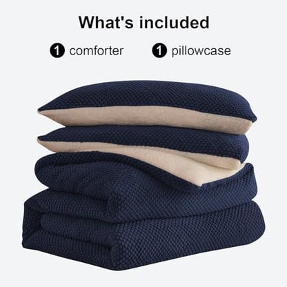 LLanCL 3D Jacquard Design Comforter Set, Ultra-Soft Warm Twin Size Sherpa Fur Plush 2-Pieces Sets Luxury Cozy Bedding with 1 Pillowcase (68"x90", Navy Blue)