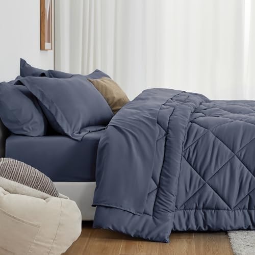 Love's cabin Twin XL Comforter Set Navy Blue, 5 Pieces Twin XL Bed in a Bag, All Season Bedding Sets with 1 Comforter, 1 Flat Sheet, 1 Fitted Sheet, 1 Pillowcase and 1 Pillow Sham