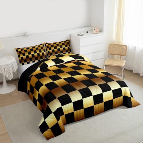Feelyou Checkered Comforter Set All Season Modern Geometric Golden Yellow Bedding Set with 2 Pillow Cases Cute Neutral Plaid Kids Queen Bedclothes Vintage Aesthetic Bedroom Decor Duvet Quilt