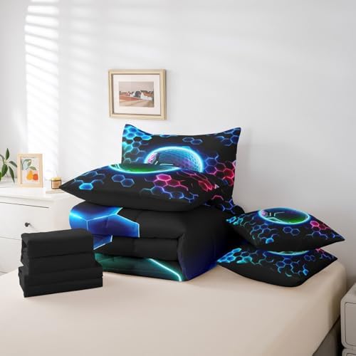 Erosebridal 3D Golf Full Bedding Set - Sports Decor Bed in A Bag,Neon Geometric Honeycomb Comforter Sets with Sheets, Cool Gamer Style 7 Pieces Bed Set Bedroom Decor