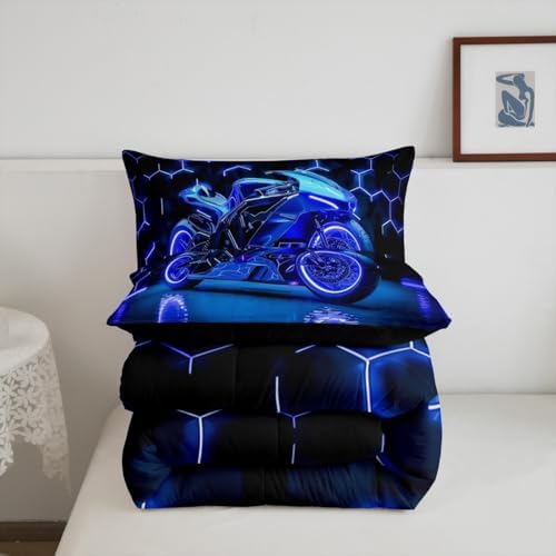Feelyou Kids Boys Dirt Bike Comforter Set,Extreme Sports Bedding Set Queen Size,Boys Bedroom Room Decor,Racing Motocross Comforter,Blue Geometric Hexagon Racing Motocross Bed Set for All Season
