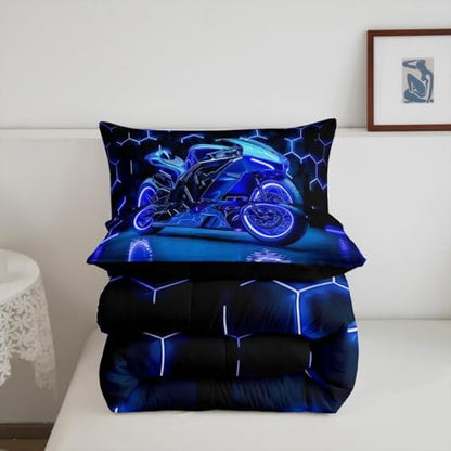 Feelyou Kids Boys Dirt Bike Comforter Set,Extreme Sports Bedding Set Queen Size,Boys Bedroom Room Decor,Racing Motocross Comforter,Blue Geometric Hexagon Racing Motocross Bed Set for All Season
