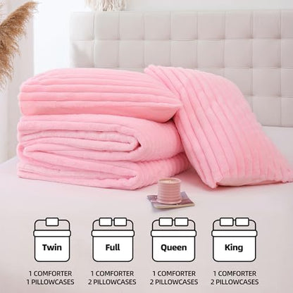 Smoofy Fluffy Twin Size Comforter 2 PCS - Pink Fleece Bedding Set