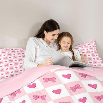 jejeloiu Girls Pink Bow Kids Comforter Set King Size Bow Bedding Set Cute Bowknot Duvet Quilt for Kids Boys Girls Bedroom Decor Microfiber Ultra Soft Breathable