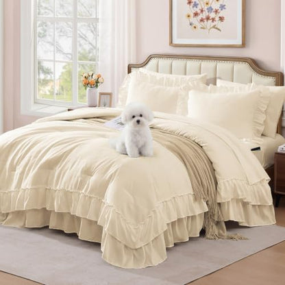 Full Comforter Set Whisper White Ruffle 7 Pieces Farmhouse Bed in a Bag