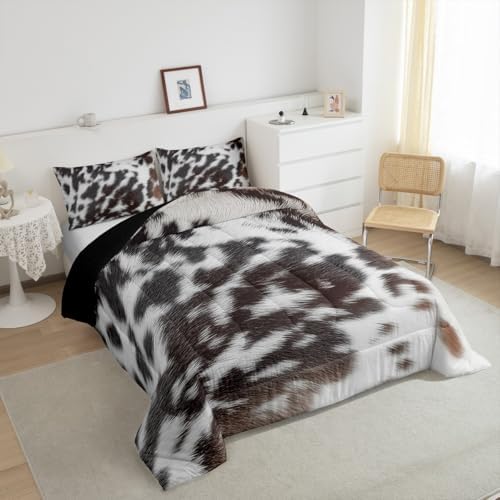 Western Brown Cowhide Comforter Set,Aztec Black White Cow Print Bedding Set King Rustic Farm Animal Down Comforter for Kids Boys Girls Men Women,Cowboy Cowhide Quilt Duvet Set Bedroom Decor 3 Pcs