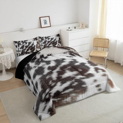 Western Brown Cowhide Comforter Set,Aztec Black White Cow Print Bedding Set King Rustic Farm Animal Down Comforter for Kids Boys Girls Men Women,Cowboy Cowhide Quilt Duvet Set Bedroom Decor 3 Pcs