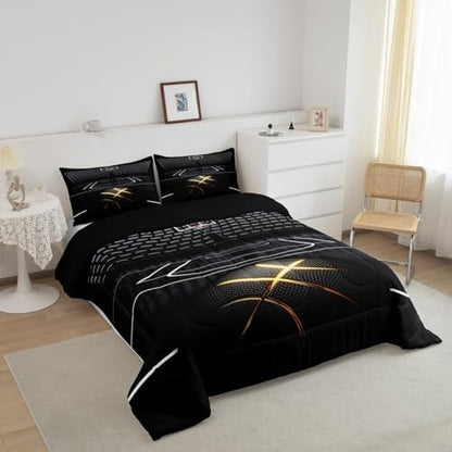 Black Golden Line Basketball Comforter Set Twin Size,3D Basketball Court Bedding Set for Kids Boys Teens Men Room Decor,Sports Games Theme Quilt Set Fashion Cool Duvet Insert,1 Pillowcase