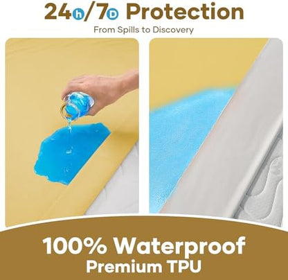 OhGeni Waterproof Mattress Protector, Queen Size Mattress Pad Fitted with Deep Pocket 6"-18", Breathable Soft, Washable DirtProof Mattress Cover, Yellow, More Than 99 pcs fibers, Daybed Cover