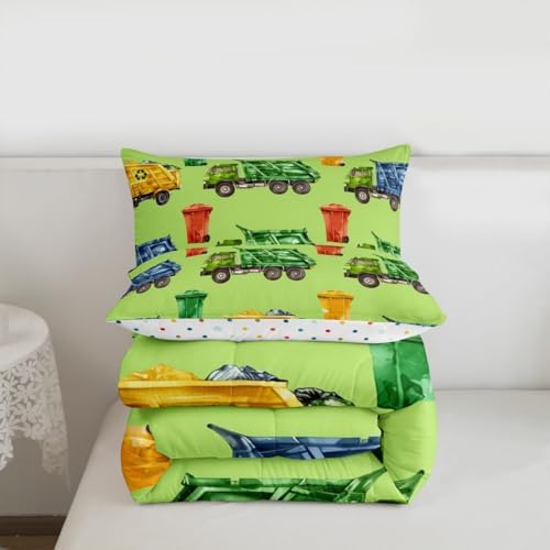 Erosebridal Boys Garbage Trucks Queen Comforter Set, Trash Truck Bedding Set, Cartoon Car Comforter for Teens Men Kids Room Decor, Colourful Trash Cans Green Quilt with 2 Pillowcases, 3 Piece
