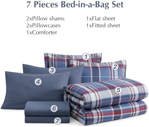 Plaid Queen Comforter Set Navy Red 7 Pieces Farmhouse Bed in a Bag