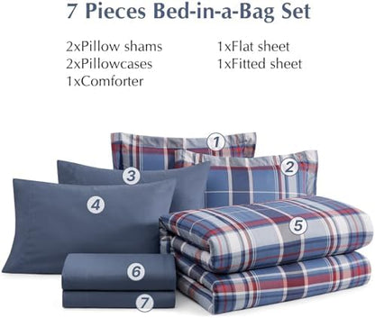 Plaid Queen Comforter Set Navy Red 7 Pieces Farmhouse Bed in a Bag