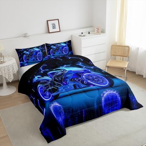 Feelyou Kids Boys Dirt Bike Comforter Set,Extreme Sports Bedding Set Queen Size,Boys Bedroom Room Decor,Racing Motocross Comforter,Blue Geometric Hexagon Racing Motocross Bed Set for All Season