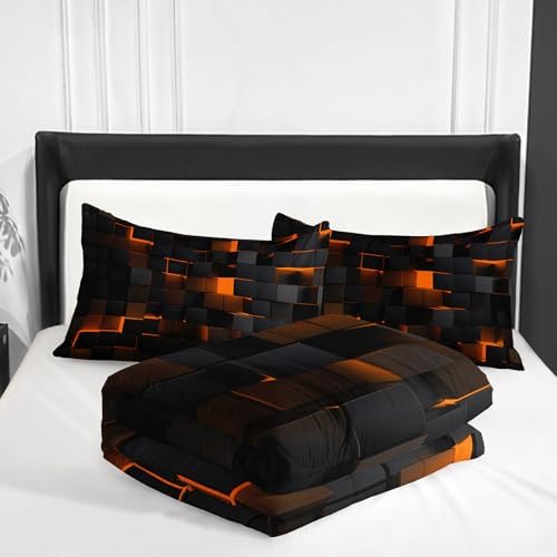 Nttopship Neon Yellow Black Comforter Set King Geometric Kids Bedding Set,3 PCS Geometry Honeycomb Bed Set Modern Quilt Set 1 Comforter 2 Pillow Cases Cool Room Decor All Season B-Side Black