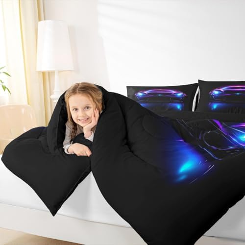 Erosebridal Neon Race Car Boy Queen Bedding Sets for Kids,Watercolor Cars Comforter Set for Child Room Decor,Retro Speed Racing Cars Comforter,Hot Pink Sports Racing Games Quilt,Purple Blue and Black