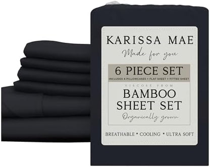KARISSA MAE 6 Piece Luxury Bamboo Viscose Queen Sheet Set, 4 Pillowcases