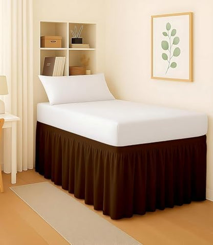 Dorm Bed Skirt Twin XL 38 Inch Drop, Easy to Install Extra Long Wrap Around Elastic Dust Ruffle, Bedskirt Solid Silky Fabric Machine Washable, Ruffled College Dorm Room Chocolate