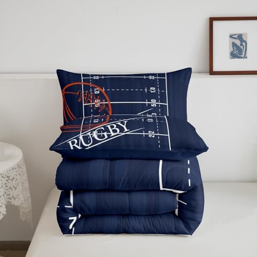 Erosebridal Kids Sports King Size Comforter Set for Boys Soccer Bedding Set, Navy Reversible Down Comforter Ball Game Bed Set, Rugby Field Quilted Duvet, Lightweight Cozy