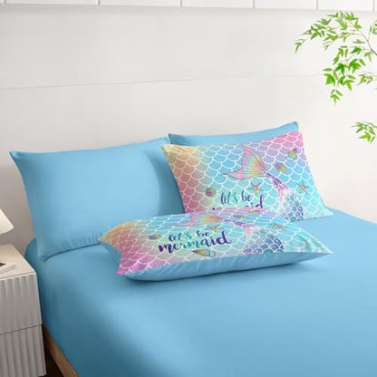 7Pcs Mermaid Tail Comforter Set Rainbow Scales Printed Bedding Set with 1 Comforter, 1 Flat Sheet, 1 Fitted Sheet and 4 Pillowcases for Girls Bedroom All Season(Queen)