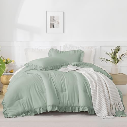 Andency Green Queen Comforter Set, 3 Pieces Farmhouse Shabby Chic Bedding