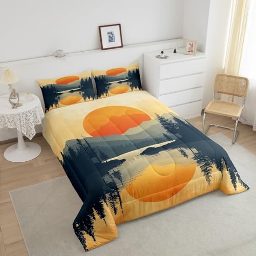 Sunset Comforter Set Full Size,Mountain River Woodland Bedding Set for Kids Teens Adults Room Decor,Nature Scenery Lake House Quilt Set,Japanese Minimalism Style Duvet Insert 3Pcs,2 Pillowcases