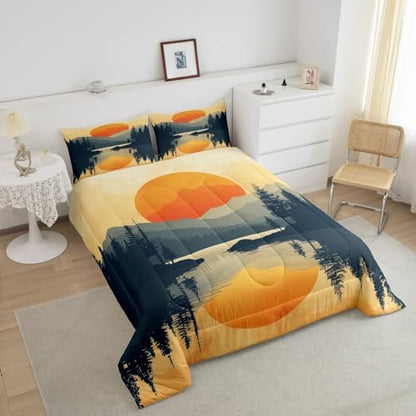 Sunset Comforter Set Full Size,Mountain River Woodland Bedding Set for Kids Teens Adults Room Decor,Nature Scenery Lake House Quilt Set,Japanese Minimalism Style Duvet Insert 3Pcs,2 Pillowcases