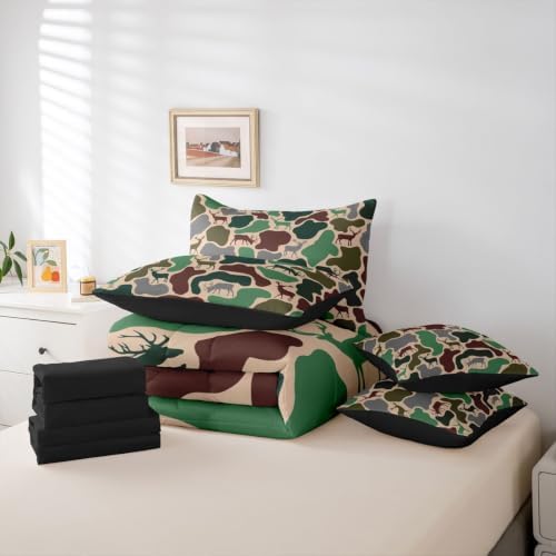 Erosebridal Camo Full Comforter Set with Sheets 7 Piece Deer Hunting Bed in A Bag Army Green Military Camouflage Bedding Sets for Kids Boys Girls Rustic Country Wildlife Bed Set