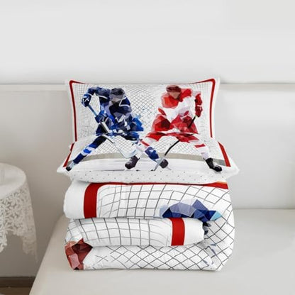 Erosebridal Hockey Bedding Comforter Sets 3pcs for Kids Boys Teens Ice Hockey Sports Bedding Comforters & Sets Full 3D Hockey Ball Decor Duvet Breathable Quilt with 2 Pillowcase White Bedroom Decor