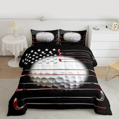 American Flag Bedding Golf Shape Pattern Quilt Comforter Set - Queen Size, Sports Games Stars Stripes Bedding With 2 Pillow Cases, Home Decor - Black & Red