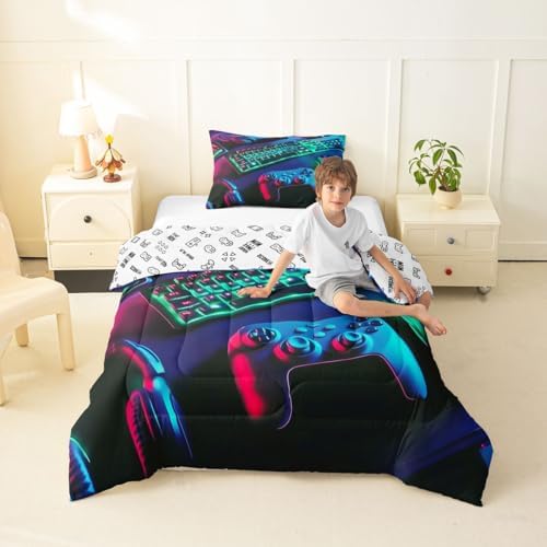Feelyou Gamer Comforter Set All Season Gaming Bedding Set with 1 Pillow Cases Game Room Decor Microfiber Kids Toddler Bedclothes Gamepad Bedroom Decor Green Duvet Quilt Breathable Soft Lightweight