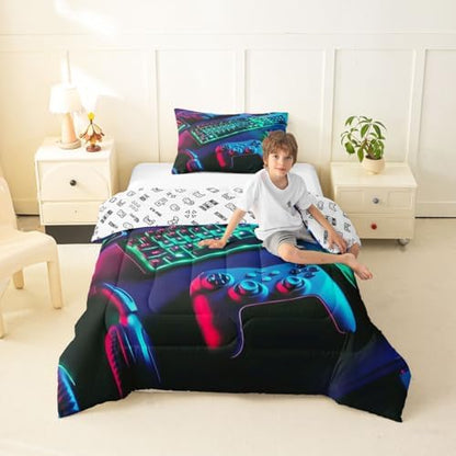 Feelyou Gamer Comforter Set All Season Gaming Bedding Set with 1 Pillow Cases Game Room Decor Microfiber Kids Toddler Bedclothes Gamepad Bedroom Decor Green Duvet Quilt Breathable Soft Lightweight