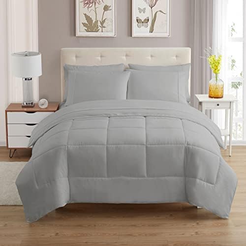 Sweet Home Collection 7 Piece Comforter Set Bag Solid Color All Season Soft Down Alternative Blanket & Luxurious Microfiber Bed Sheets, Silver, Twin XL