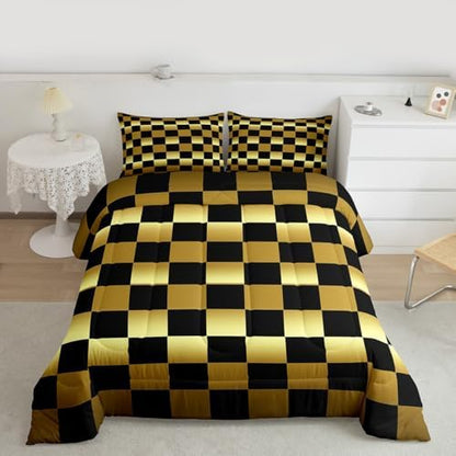 Checkered Comforter Set Full Size Modern Geometric Golden Yellow Black Bedding Set for Kids Boys Girls Cute Neutral Plaid Duvet Quilt Vintage Aesthetic Bedroom Decor 3 Pcs with 2 Pillow Cases