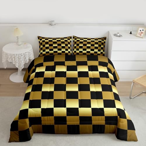 Checkered Comforter Set Toddler Size Modern Geometric Golden Yellow Black Bedding Set for Kids Boys Girls Cute Neutral Plaid Duvet Quilt Vintage Aesthetic Bedroom Decor 2 Pcs with 1 Pillow Cases