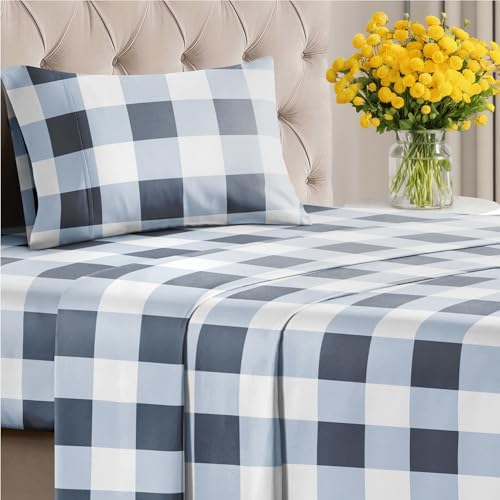 Twin XL 3 Piece Striped Sheet Set - Breathable & Cooling - Navy Gingham