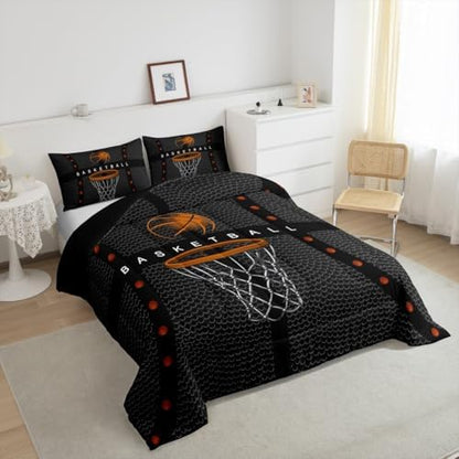Castle Fairy Teens Sports Basketball Comforter Set Full Size,Ball Games Bedding Set for Kids Boys Adult Bedroom Decoration,Basketball Bed Duvet Insert,Orange and Gray Comforter with 2 Pillowcase
