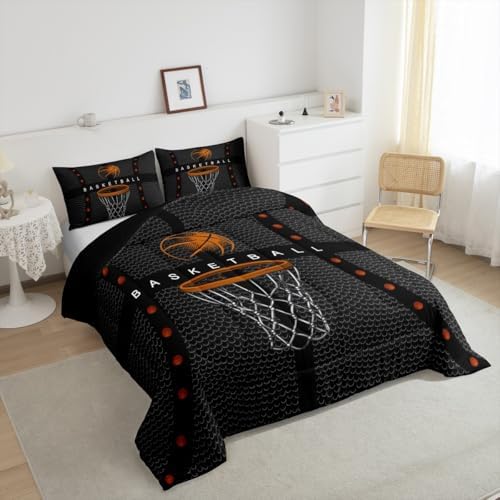 Sports Basketball Comforter for Boys Kids,Ball Games Comforter Set Queen Size Home Decor,Soft Basketball Bedding Set,Orange and Gray Teens Bedroom Down Duvet,1 Comforter with 2 Pillowcases